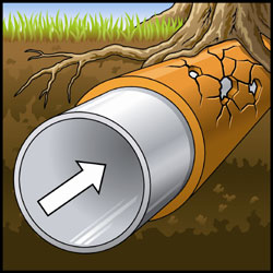 Illustration of a new liner sleeve inside a cracked, root-damaged pipe
